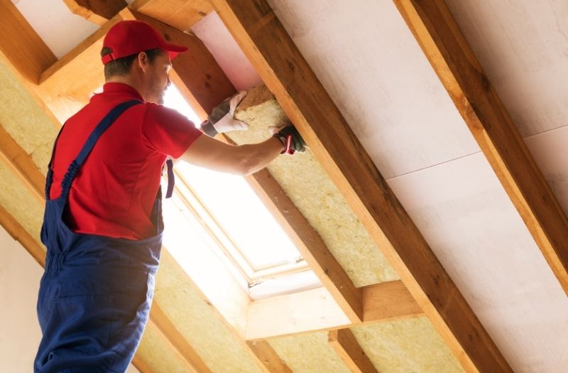 Contractor installing rock wool insulation in a wall.