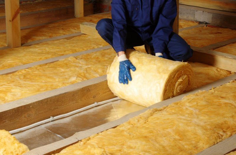 Worker thermally insulating house attic with glass wool insulation to help control heating and cooling throughout the home.