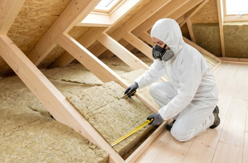 An insulation contractor in a white safety suit uses a yellow tape measure to verify fiberglass thickness in a home attic, evaluating depth requirements to determine home insulation pricing.
