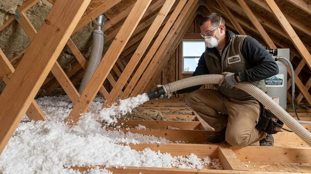 A professional installer using a large hose to apply white blown-in insulation between exposed wooden joists in an attic.