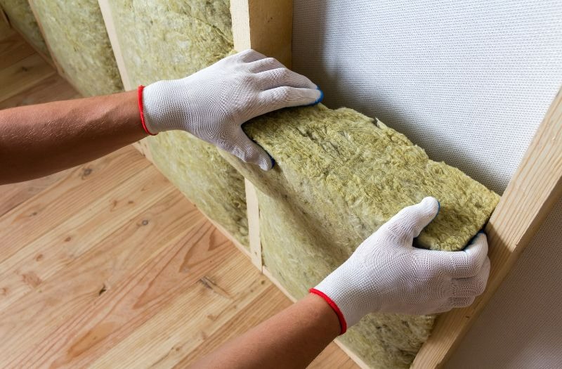 An installer friction-fits high-density Rockwool mineral wool batts into wood studs to soundproof home office walls for noise reduction.